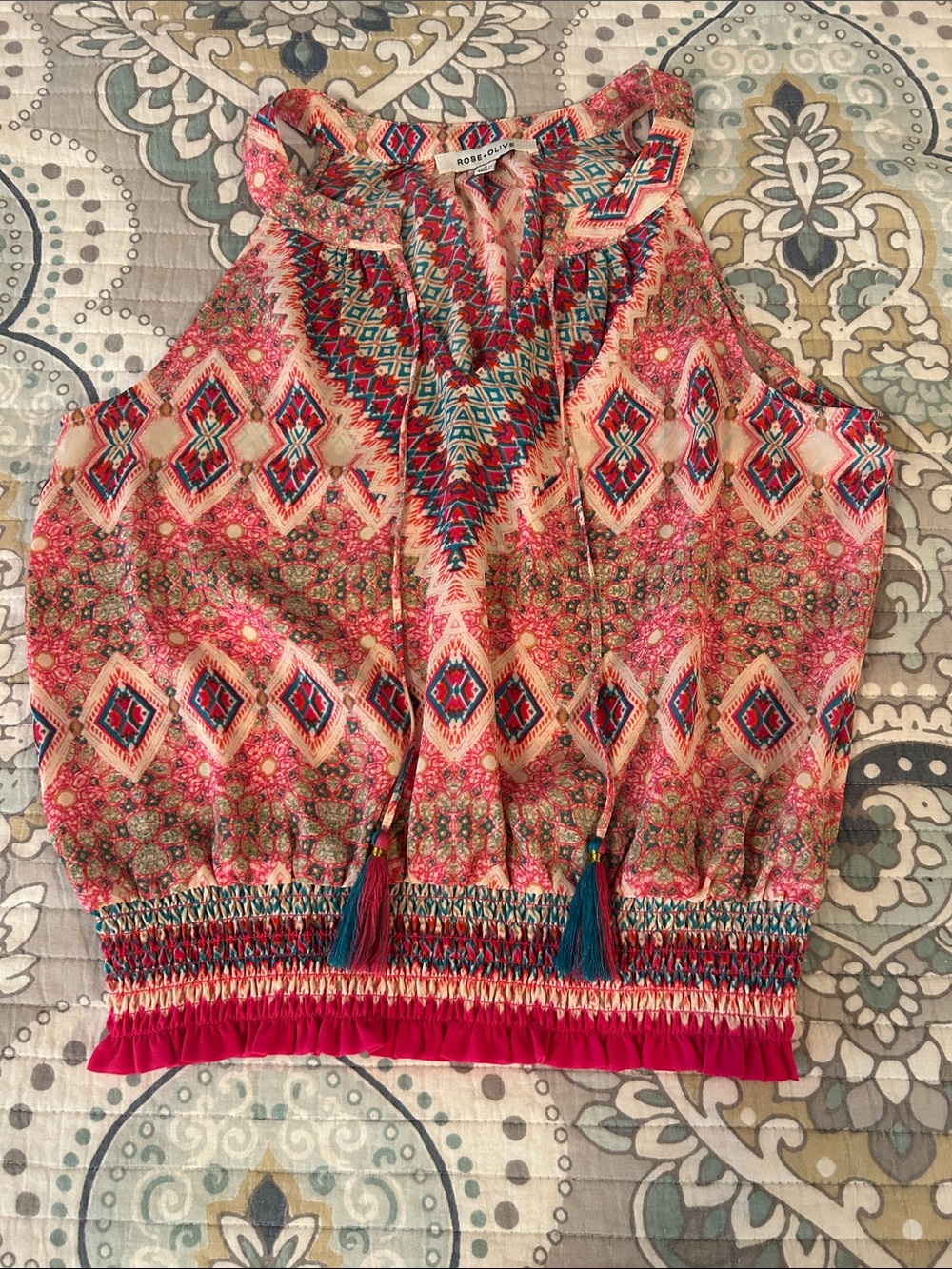 Rose & Olive Pink and Teal Aztec Print Top